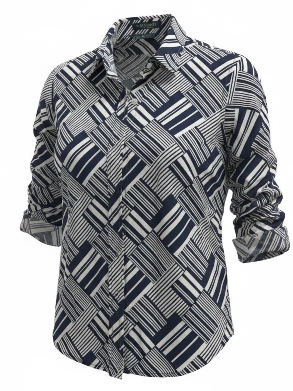 Ralph Lauren Navy and White Geometric Print Button-Down Shirt 100% Cotton size M